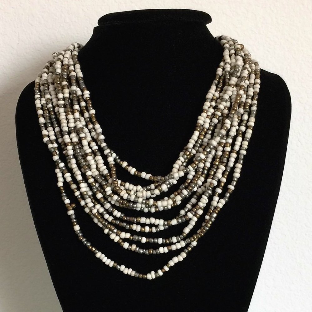 Women's Hand-Beaded Cream, Silver & Gold with Rosewood Toggle